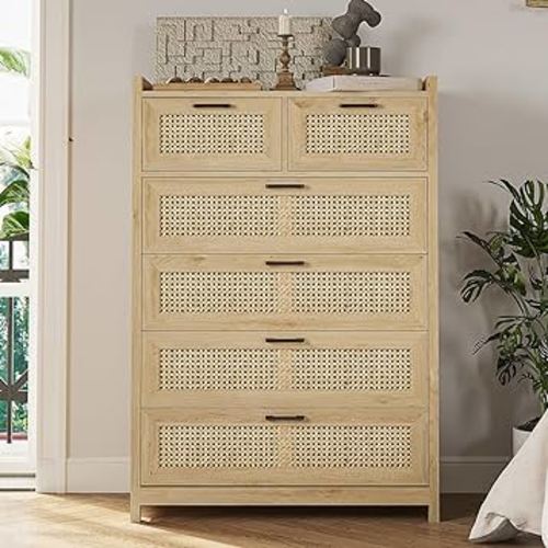 Rattan 6 Drawer Dresser for Bedroom with LED Lights, Modern Wooden Dresser with Metal Handle, Boho Chest of Drawers Storage Dresser for Closet, Bedroom, Living Room