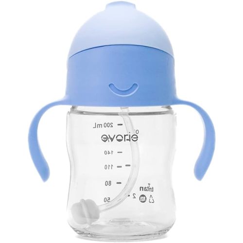 Evorie Tritan Baby Sippy Cup Weighted Gravity Straw Toddler Beginner Training Bottle, 7 Oz Leakproof Award Winning Infant Water Bottle with Handles for 6 months above - Blue