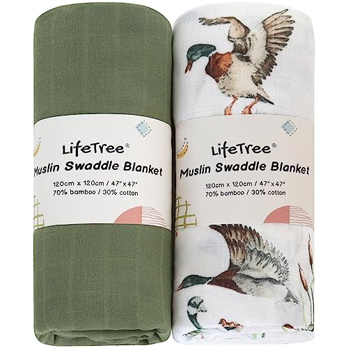 LifeTree Muslin Swaddle Blankets Neutral, Baby Swaddling Wrap Nursery Receiving Blanket for Boys & Girls, 70% Viscose from Bamboo and 30% Cotton, Large 47 x 47 inches Mallard Duck/Olive Green