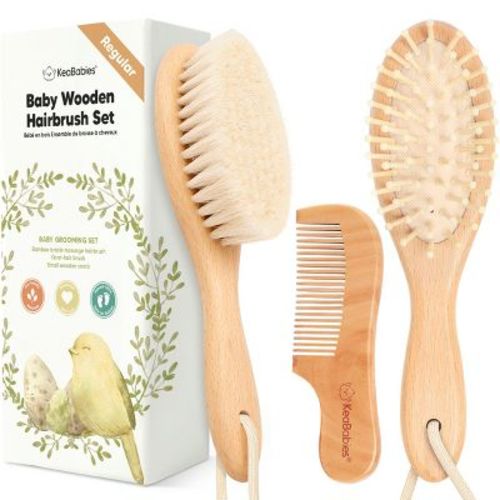 KeaBabies Baby Hair Brush and Comb Set, Oval Wooden Baby Brush Set for Newborns, Infant, Toddler Grooming Kit (Walnut, Regular)