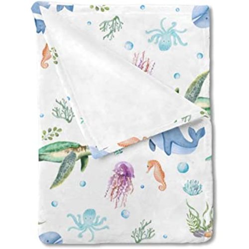 Sea Animals Flannel Baby Toddler Blanket Gift for Girls and Boys Marine Turtle Whale Jellyfish Sea Horse Weeds Sealife Receiving Blanket Newborn Nursery Bed Blanket Swaddle Crib Blanket 30x40
