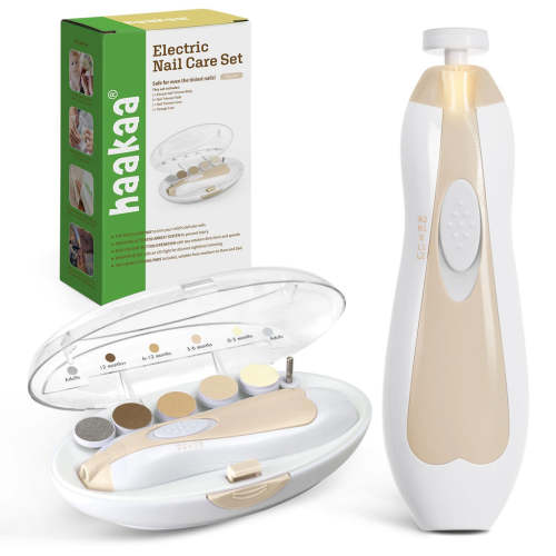 haakaa Baby Nail Care Electric Baby Nail File Kit with LED Light, Baby Nail Clippers for Newborn/Infants/Adults Toenails and Fingernails, 6 Replacement Heads & Storage Case, Acorn