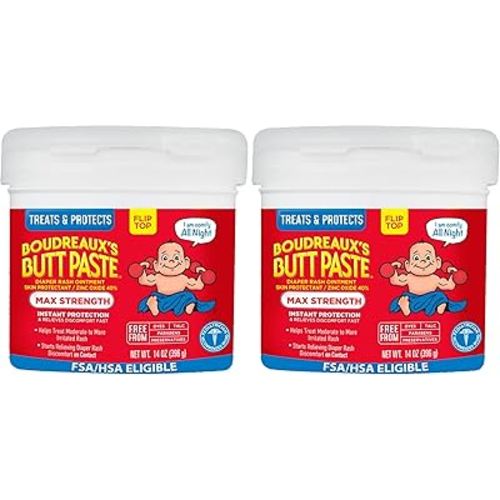 Boudreaux's Butt Paste Maximum Strength Diaper Rash Cream, Ointment for Baby, 14 oz Flip-Top Jar (Pack of 2)