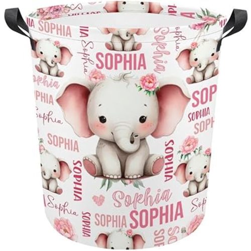 Custom Elephant Laundry Baskets,Personalized Elephant Gifts,Customize Baby Name Laundry Hamper for Kids Boys Girls Adults,Collapsible Clothes Storage Organizer,One Size