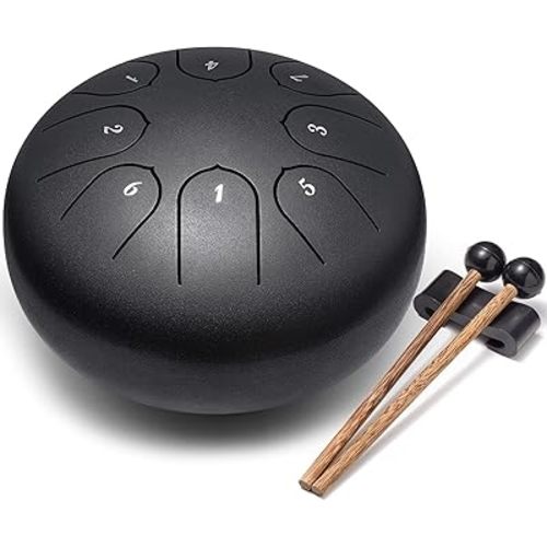 Steel Tongue Drum, 6 Inch 8 Notes Musical Instruments, Rain Drum for Outside Garden, Music Gifts for Family Friends (Black)