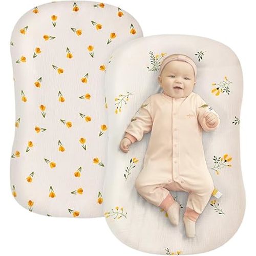 Muslin Baby Lounger Cover 2 Pack, 100% Cotton Newborn Lounger Cover, Soft and Breathable Slipcover for Boys Girls, Covers Only (Tulips,Flower)