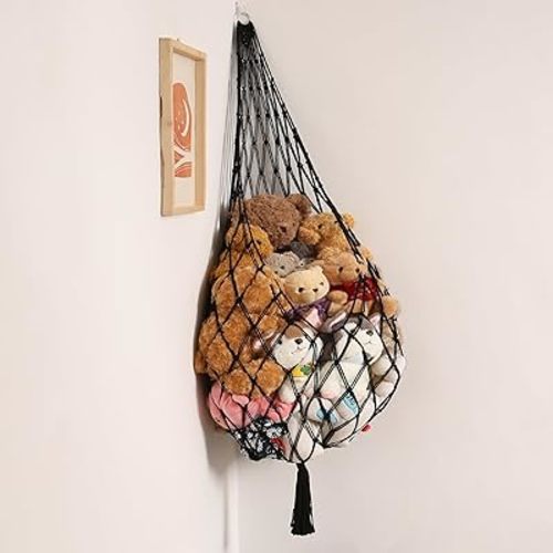 Amdermi Stuffed Animal Hammock Corner Hanging Net for Stuffy Animal Storage Macrame Toy Display Plushie Toy Holder-Perfect for The Tiny Space Walls, Kid Bedroom Decor Playroom Organizer (Black XL)
