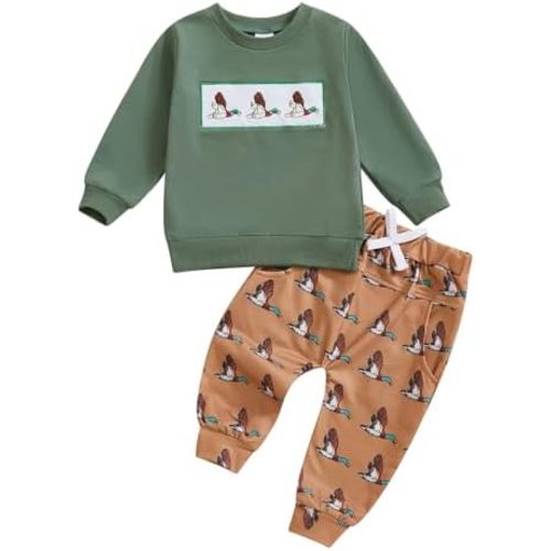 Toddler Baby Boy Hunting Clothes Mallard Duck Embroidery Sweatshirt and Jungle Camo Pants Set Fall Winter Outfits