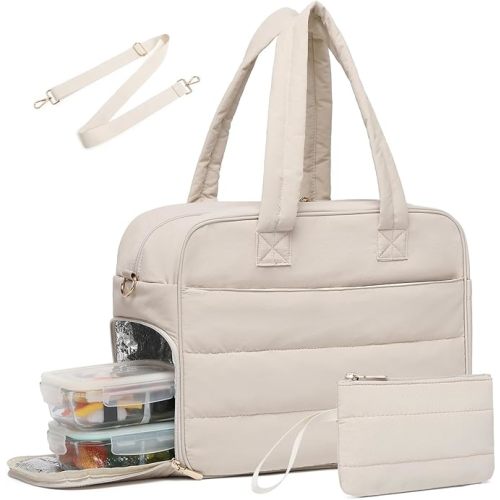 Lunch Tote Bag for Women Work, 15.6 Inch Laptop Purse with Insulated Lunch Compartment Coin Wallet for Meal, Large Puffy Quilted Travel Duffle Bag