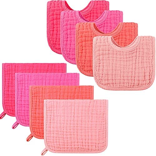 Tatuo 8 Pieces Baby Muslin Bibs & Burp Cloths 6 Absorbent Layer 100% Cotton Unisex Set, Baby Bibs for Drooling and Teething,20 x 10 Inches Muslin Burp Washcloths for Infant Newborn
