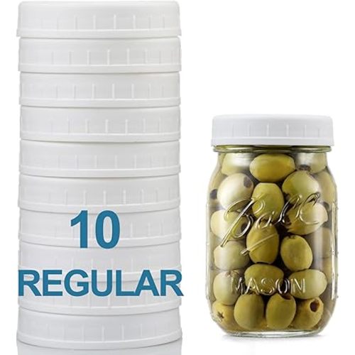 AOZITA 10 Pack REGULAR Mouth Mason Jar Lids for Ball, Kerr and More - White Plastic Storage Caps for Mason/Canning Jars - Leak-Proof, Dishwasher Safe & Food Grade