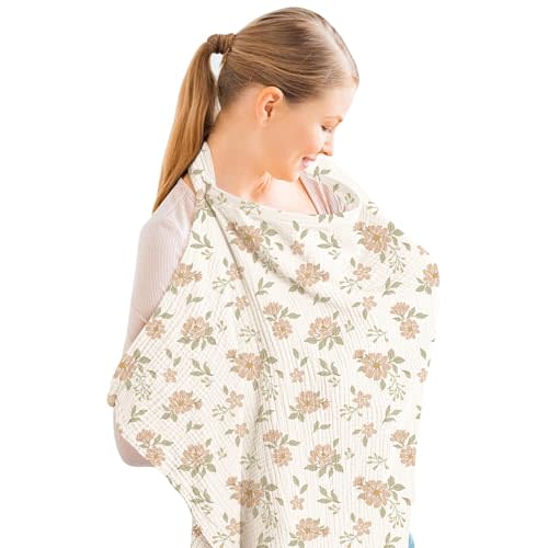 Konssy Muslin Nursing Cover for Baby Breastfeeding, Breathable 100% Cotton Breastfeeding Cover with Rigid Hoop for Mother Nursing Apron, Multi-use Carseat Canopy (Blush Blossom)