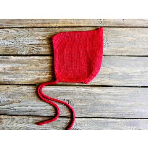 Red pointy bonnet for baby, hand knitted with soft alpaca and wool blend