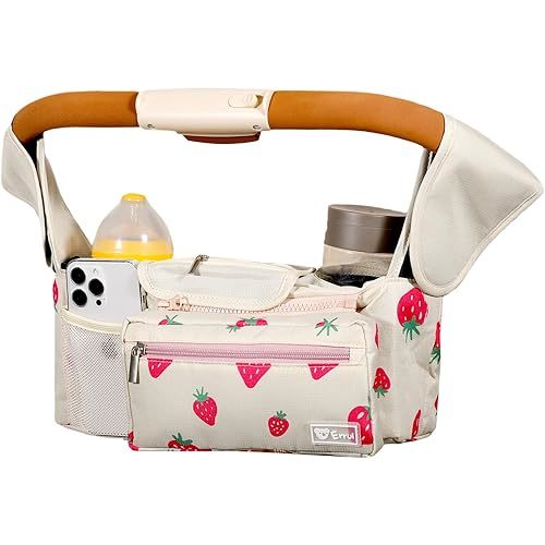 Universal Stroller Organizer with Insulated Cup Holders and Detachable Phone Bag (strawberry)