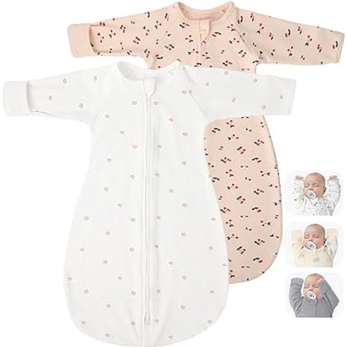 2 Pack Transitional Swaddle Sack with Arms Up Length Sleeves & Mitten Cuffs, Sleeping Sack Bag 2 Ways Zipper, Wearable Swaddling Blanket for Newborns Baby Snug Fit Calms Startle Reflex