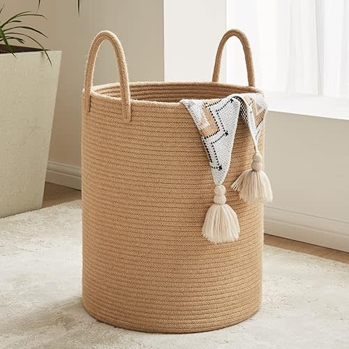 72L Large Woven Laundry Hamper by Fiona's magic, Tall Cotton Rope Storage Basket, Jute Baby Nursery Hamper for Blankets, Toys and Clothes in Bedroom and Living Room Organizing, Jute