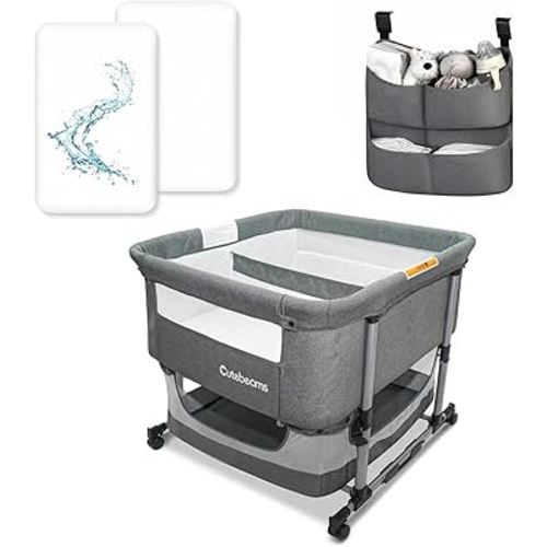 Twin Bassinet for 2 Babies with 2-Pack Waterproof Sheets and Hanging Diaper Organizer, Bedside Double Bassinet for Twins, Rocking Bassinet for Baby with Storage Basket, Includes Mattress