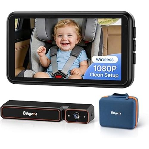 Babyvue Wireless Baby Car Camera, Easy 2-Step Setup, 5.2" Display, 1080P HD IR Night Vision, Clip-On or Strap Mount, 3X Zoom, Back Seat Camera for Baby
