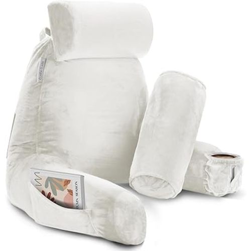 Clara Clark Reading Pillow, Large Back Pillow for Sitting Up in Bed, Memory Foam Back Support Pillow, Reading Pillows for Sitting in Bed Adult, White Sit Up Pillow for Bed Chair with Arms and Pockets