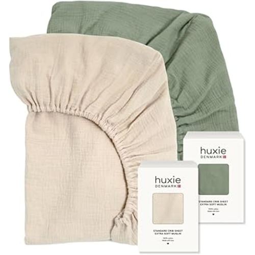 Crib Sheets – Organic Cotton Muslin Fitted Crib Sheet – Standard Size for Baby Boy and Baby Girl 28" x 52" Ultra-Soft and Breathable. 2-Pack (Fog/Roman Green)
