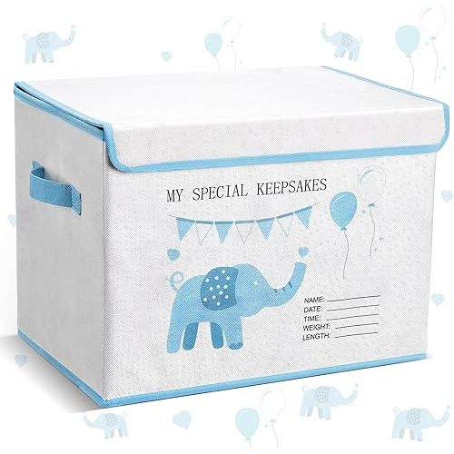 LemonRoad 16x12x12inch Baby Memories Keepsake Box Baby Shower Elephant First Keepsake Box New Parent Newborn Baptismal Birthday Gift for Mementos Travel Loved Ones Treasured Keepsakes(Blue)