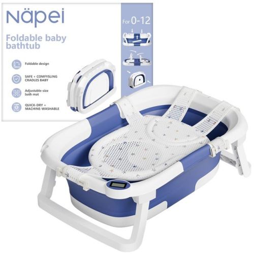 Napei Collapsible Baby Bathtub for Infants and Toddlers with Soft Cushion and Thermometer-Gray
