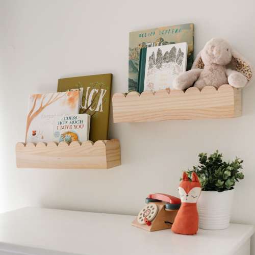 Scalloped nursery bookshelves for kids rooms, natural pine wood, preassembled and reversible