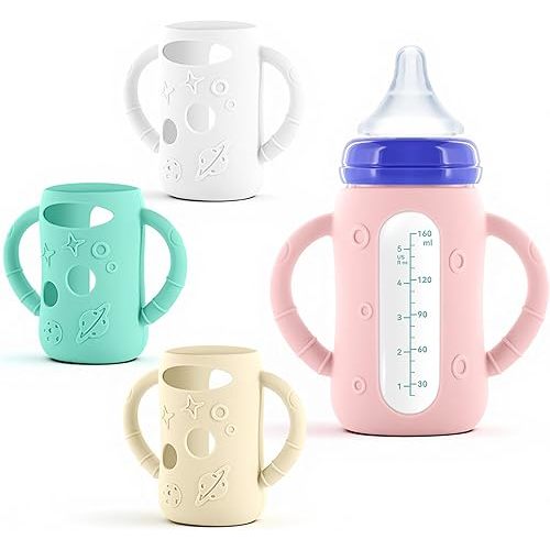 4-Pack Silicone Sleeves for Lansinoh Glass Bottles 5 oz- Starry Sky Design Baby Bottle Holder with Handles,Protectors for Lansinoh Natural Wave Glass Bottles, Anti-Scald Feeding Supplies