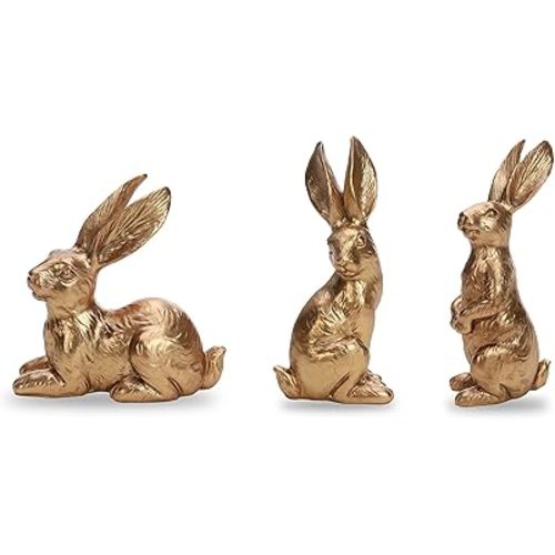 DN DECONATION Resin Gold Bunny Decor Rabbit Figurines, Small Easter Bunny Figurine Set of 3, Vintage Easter Rabbit Statue Table Home Decoration