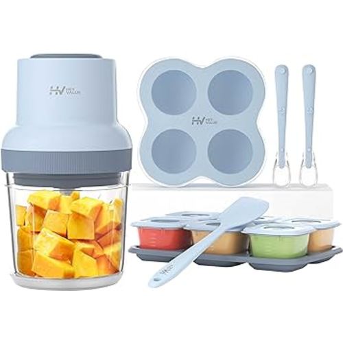 HEYVALUE Baby Food Maker, 13-in-1 Baby Food Processor Sets, Baby Food Puree Blender for Fruit, Vegatable, Meat, with Baby Food Containers, Freezer Tray, Silicone Spoons, Silicone Spatula (Light Blue)