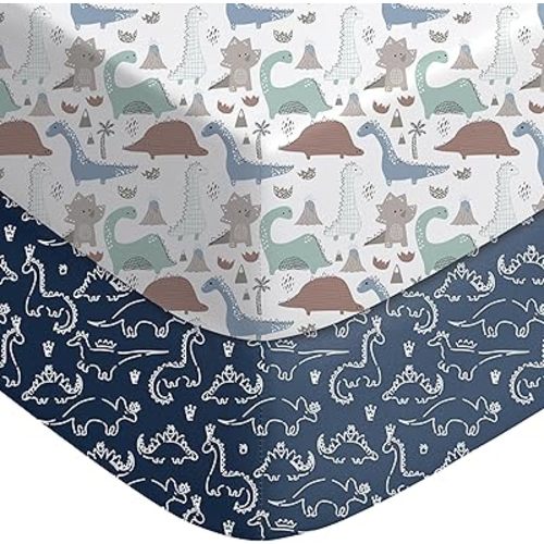 Yoofoss Baby Pack and Play Sheets 2 Pack for Boys and Girls - 38x26 Mini Crib Sheets Fitted Neutral Compatible with Graco Pack n Play Mattress,Ultra Soft Breathable Microfiber Dark Blue Dinosaurs