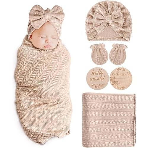 Newborn Receiving Blanket with Bow Hat Mittens Wooden Card Set Wheat-Pattern Newborns Toddler Baby Boy Girl Nursery Swaddle Wrap