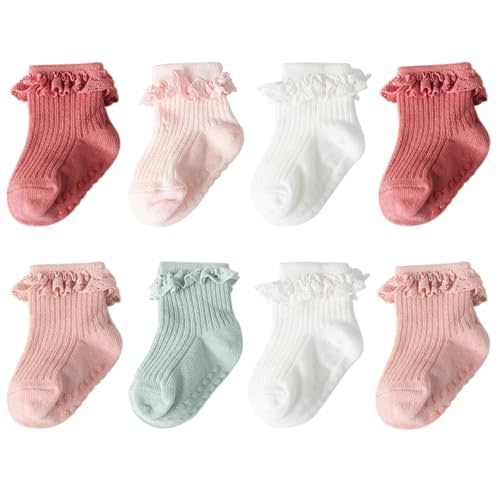 AQOKKA Baby Girl Toddlers Socks with Non-slip Grip Cute Frilly Ruffle Ankle Soft Cotton Newborn Baby Socks for Infant Kids