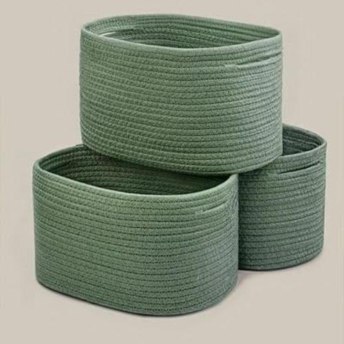 Green Woven Basket for Organizing Storage Basket, Cube Shelf Closet Storage Baskets Set 3, Long-lasting & Skin-friendly Toy Storage Basket Bin, Stylish Decor Basket, Cotton Rope Basket