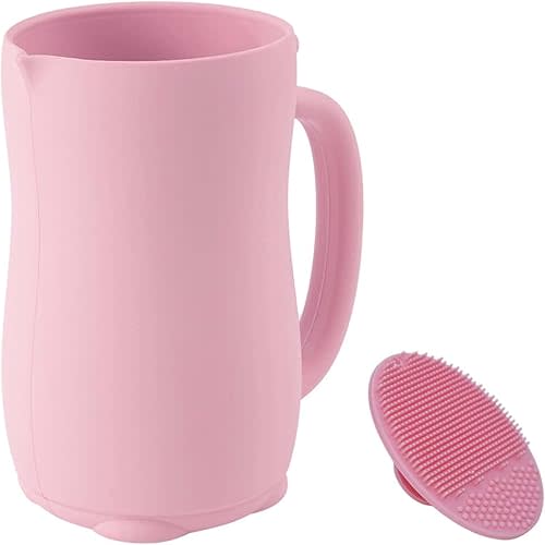mandoo Baby Bath Rinse Cup - Food Grade Silicone - Shampoo & Body Washing Rinser Cup for Kids with Easy Grip Handle to Rinse Baby Shampoo and Soap - Baby Essentials (Pink+Brush)