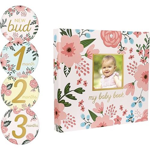 Pearhead Memory Book with Included Baby Belly Stickers, Modern Baby First Year Journal, Babys First Year, Baby Shower, Floral 17 Piece Set