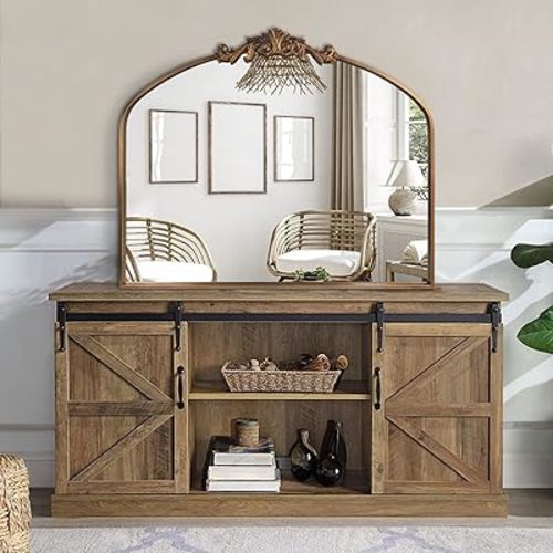 Gold Wall Mirror Window Decorative Traditional Vintage Ornate Baroque Mirrors Antique Arched Farmhouse for Living Room Bedroom Entryway Bathroom Vanity (30 * 36 * 1.2, Gold)