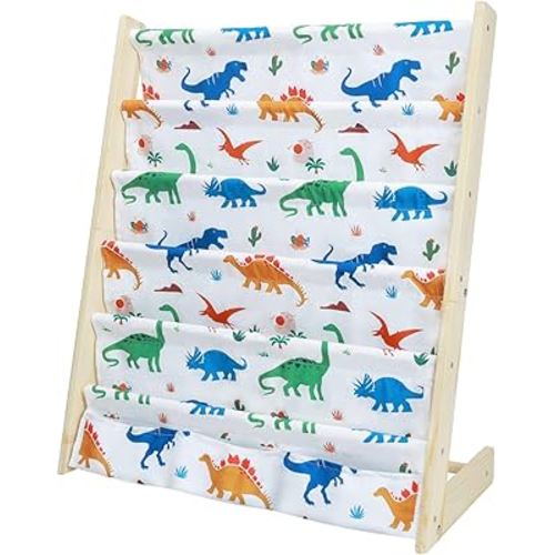 Kids Bookshelf 5 Tier Wooden Toy and Book Storage Organizer 3 Pockets Toddler Sling Book Rack with Deep Sleeves for Boys Playroom Nursery Bedroom (Colorful Dinosaur)