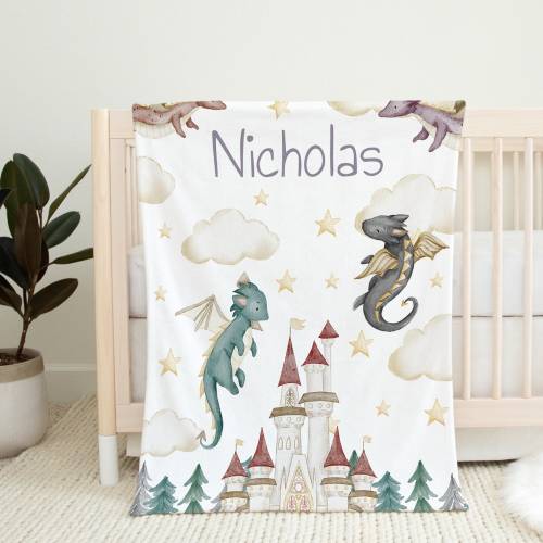 Personalized Dragons Name Blanket | Custom Baby Boy Blanket | Fairy Tale Blanket | New Baby Gift | Dragon Theme Nursery | Baby Shower Gift