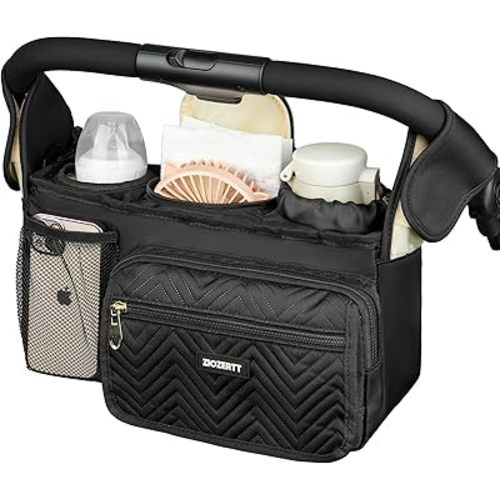 Universal Stroller Organizer with Insulated Cup Holder,Stroller Caddy Bag with Wet Wipes Pocket,Stroller Accessories Fits for Uppababy,Doona,Jogger,Britax,Mompush,BoB Strollers,Black