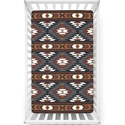 Aztec Themed Fitted Mini Crib Sheets,Portable Mini Crib Sheets Ultra Soft Material-Great for Boy or Girl Room or Nursery, 24 x38,Cadet Blue Brown