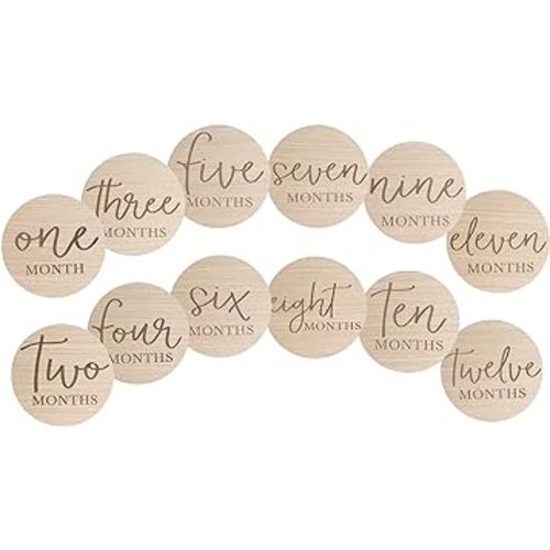Little Pear Wooden Milestone Photo Cards, Baby Announcement Cards, Double Sided Photo Prop Monthly Milestone Discs, Pregnancy Journey Milestone Markers, 1-12 Months, Light Wood