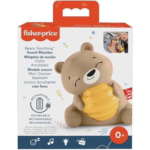 Fisher Price Baby Toy Beary Soothing Portable Sound Machine with Music, Night Light & Customizable Timer for Newborns 0+ Months