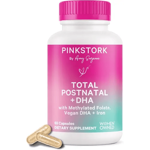 Pink Stork Total Postnatal Vitamins for Women with Vegan DHA, Iron, Folate, and Vitamin B12, Postpartum Recovery Essentials, Daily Supplement for Breastfeeding Moms - 1 Month Supply