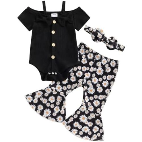 fhutpw Newborn Baby Girl Clothes Rib Frill Long Sleeve Romper Daisy Flared Pants Headband Set 3pcs Fall Winter Outfits