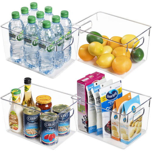 4 Pack Clear Plastic Storage Bins with Handles, Vtopmart Pantry Organizer Bins, for Refrigerator, Freezer, Cabinet, Kitchen, Countertops, Large