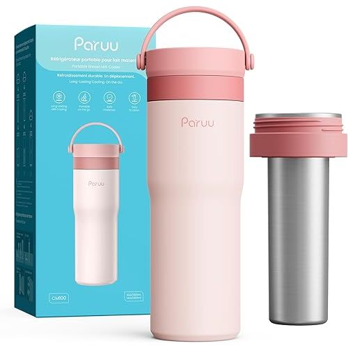 Paruu Portable Breast Milk Cooler, 304 Stainless Steel Breastmilk Chiller for 14–23H Cooling, 10-24oz Breastmilk Storage Container for Travel, Outdoor, New Moms Breastfeeding Essentials, Pink