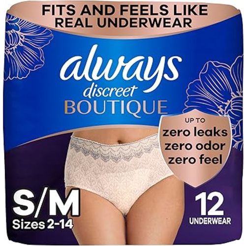 Always Discreet Boutique Adult Incontinence & Postpartum Underwear For Women, High-Rise, Size Small/Medium, Rosy, Maximum Absorbency, Disposable, 12 Count (Packaging May Vary)