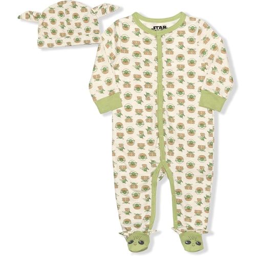 STAR WARS The Mandalorian Baby Yoda Boys’ Long Sleeve Romper and Hat Set for Newborn – Beige - 9 Months