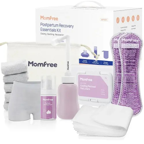 Postpartum Essentials Recovery Kit: Labor Delivery Post Partum 7 PCS Recovery Mom Care Set - Upside Down Peri Bottle | XL Disposable Underwear | Soothing Pads | Perineal Healing Foam | Canvas Bag
